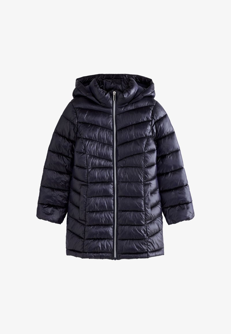 Manteau rembourré bleu marine avec une capuche, présentant un matelassage horizontal, une fermeture éclair et une texture lisse et brillante.