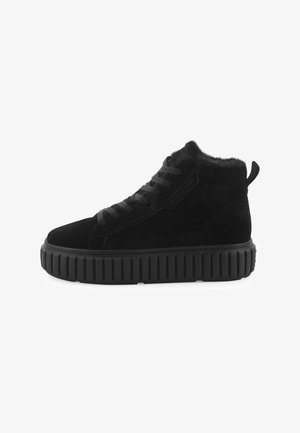 Black high-top sneakers made of suede with a textured platform sole, featuring a lace-up design and a soft fur collar.