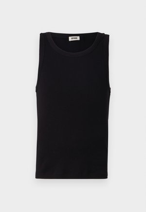 Schwarzes ärmelloses Tanktop aus weicher Baumwolle. Verfügt über einen runden Ausschnitt und einen geraden Schnitt mit minimalen Nähdetails.