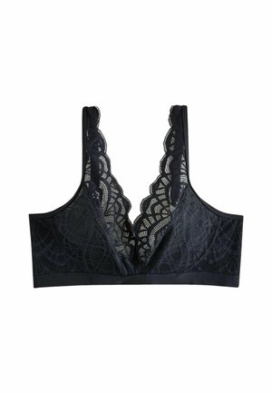Black lace bralette with scalloped edges, deep V neckline, and semi-transparent floral lace pattern.