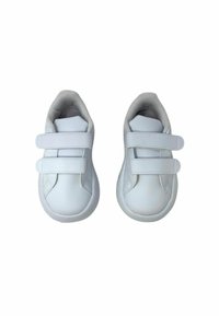 White sneakers with a smooth leather-like upper, featuring two Velcro straps, rounded toe, and a cushioned interior lining.