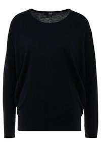 Svart tröja med en lös passform, bred linning och långa ärmar. Tyget verkar mjukt med en slät yta. Utformad för komfort.