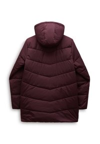 Burgundy pufferjacka med huva, med chevron-quilting och en mjuk, matt yta. Designad för värme och komfort i kallt väder.