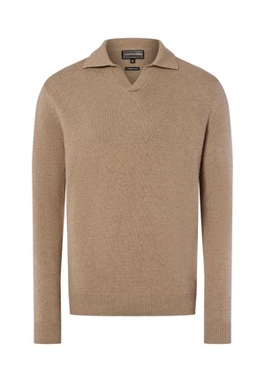 Beige gebreide trui met een V-hals en korte kraag, lange mouwen, geribbelde manchetten en zoom, met een gladde textuur.