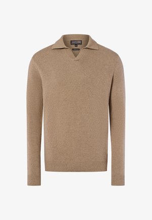 Beige gestrickter Pullover mit V-Ausschnitt und kurzem Kragen, langen Ärmeln, gerippten Bündchen und Saum, der eine glatte Textur zeigt.