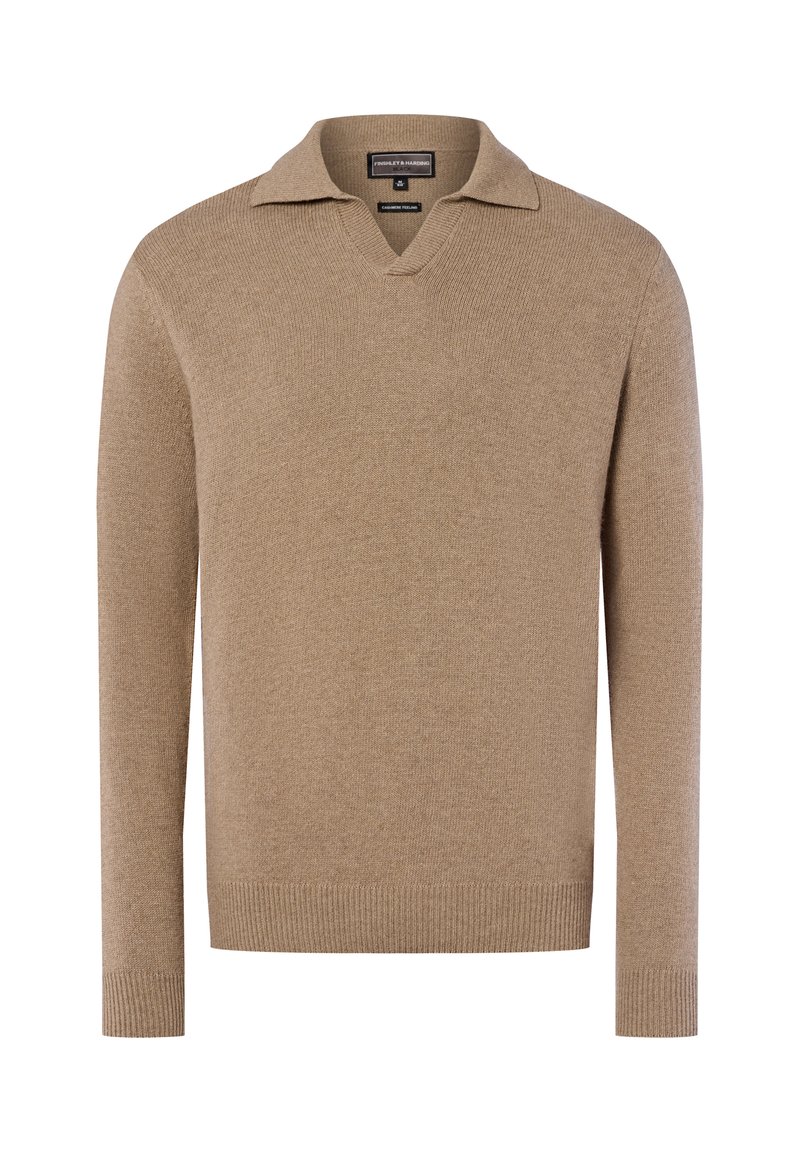 Beige gestrickter Pullover mit V-Ausschnitt und kurzem Kragen, langen Ärmeln, gerippten Bündchen und Saum, der eine glatte Textur zeigt.