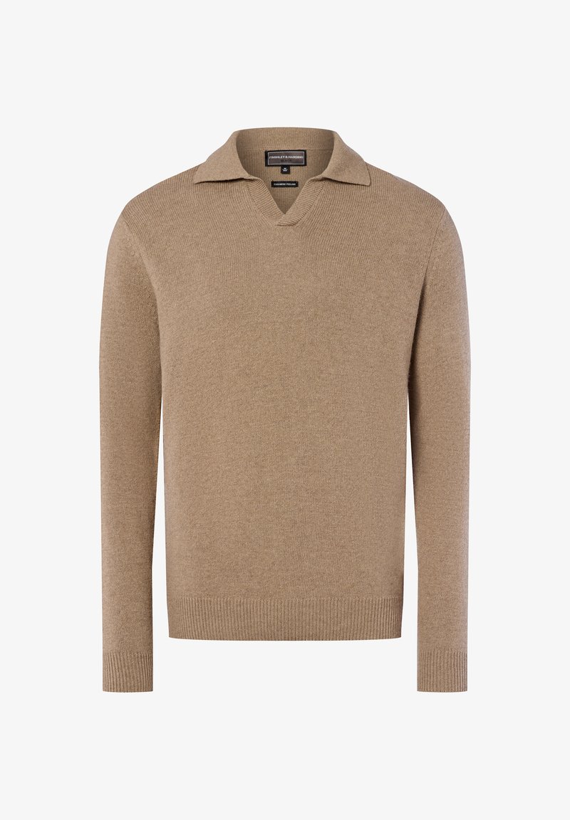 Beige gestrickter Pullover mit V-Ausschnitt und kurzem Kragen, langen Ärmeln, gerippten Bündchen und Saum, der eine glatte Textur zeigt.