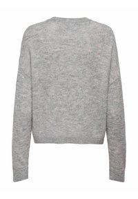 Maglione grigio lavorato a maglia con una morbida texture, vestibilità comoda e orli a coste. Vista posteriore che mostra un design semplice senza decorazioni.