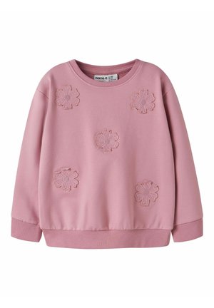 Sweat-shirt rose à manches longues avec encolure ronde et cinq appliques florales texturées sur le devant, poignets et ourlet côtelés.