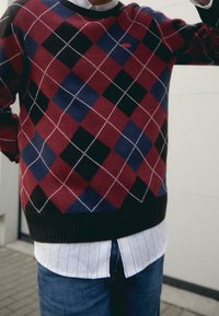 Pull en tricot avec un motif argyle rouge, noir et bleu, agrémenté de accents blancs. Associé à une chemise blanche à rayures avec col en dessous.