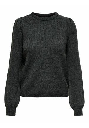 Donkergrijze, lange mouwen, gebreide trui met opgeblazen schouders en geribbelde manchetten en halslijn, afgebeeld op een witte achtergrond.