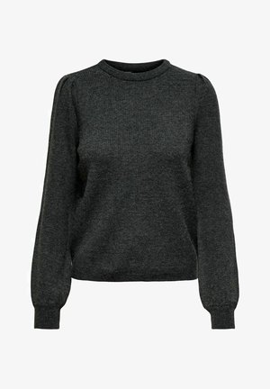 Pull en maille gris foncé à manches longues avec épaules bouffantes et poignets et encolure côtelés, présenté sur un fond blanc.