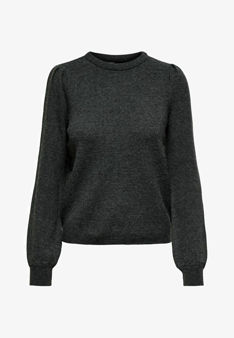 Pull en maille gris foncé à manches longues avec épaules bouffantes et poignets et encolure côtelés, présenté sur un fond blanc.