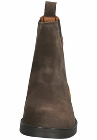 Braune Wildleder-Ankle Boots mit glatter Textur, elastischen Seitenpaneelen, Zugschlaufe und schwarzer Gummisohle. Einfaches Design mit minimaler Verzierung.