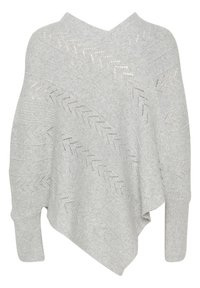 Ljusgrå stickad tröja med zigzagmönster och asymmetrisk fåll, med långa åtsittande ärmar och vid V-ringning.