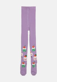 Collants violets ornés d'un motif de cupcakes avec des visages souriants, des tasses rayées vertes, des cerises rouges et des fraises intégrées dans le design.