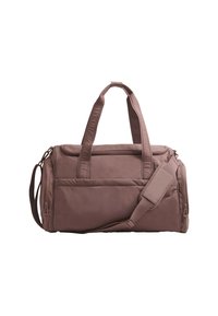 Brun stof duffelbag med dobbelthåndtag og aftagelig skulderrem. Har en lynlåset hovedrum og en frontlomme. Tekstureret overflade.