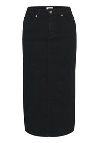 Mustan korkeavyötäröisen farkuhameen, jossa on edessä nappi, taskut ja vyölenkit, polvipituinen ja tiukka siluetti.