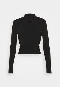 Maglietta nera a costine a maniche lunghe con collo alto e una apertura a chiave sul petto, caratterizzata da un design aderente in vita e una texture morbida.