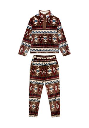 Brown patterned loungewear set featuring a pullover with a half-zip and matching pants, adorned with geometric and tribal designs in red and blue.