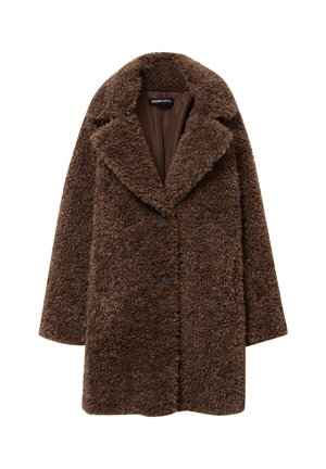 Brun, blød bamsefrakke med nedlagt krave, oversized pasform og to knaplukninger; har en blød tekstur og foret indre.