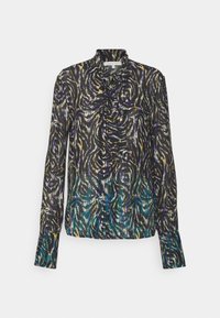 Blouse à manches longues avec devant volanté, col montant et motif abstrait en spirale aux tons noir, violet, bleu canard et doré.