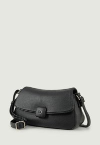 Borsa a spalla in pelle nera con finitura testurizzata, chiusura a patta e tracolla regolabile. Presenta un delicato dettaglio del logo sulla parte anteriore.