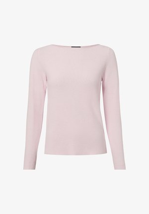 Light pink, long-sleeve knit sweater with a boat neckline and a fitted silhouette, displayed on a white background.
