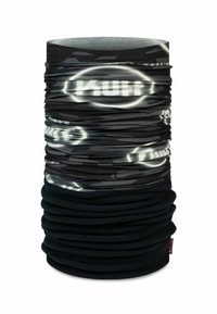 Bufanda tubular multifuncional negra con un acabado texturizado, que presenta un sutil patrón de camuflaje y la palabra "BUFF" en gris claro.