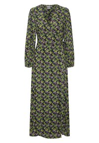 Abito a tubino floreale con sfondo navy e fiori verdi, viola e rosa. Maniche lunghe e design lungo fino alla caviglia con vita annodata.