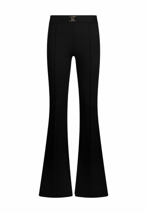 Black flared pants made of stretchy fabric, featuring a smooth texture, waistband with a metallic buckle, and seam detailing at the front.