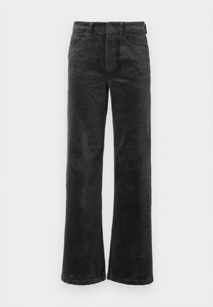 Zwarte corduroy broek met wijde benen, voorzien van voorzakken en een knoopsluiting, zachte textuur met een ribpatroon over de gehele broek.
