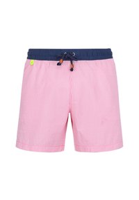 Shorts de bain rayés rouges et blancs avec une taille élastique bleu marine, dotés d'une fermeture à cordon de serrage et de perles en bois.