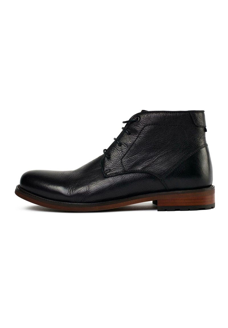 Black leather ankle boot with a rounded toe, subtle texture, lace-up front, and a wooden heel. Slightly elevated sole for added comfort.