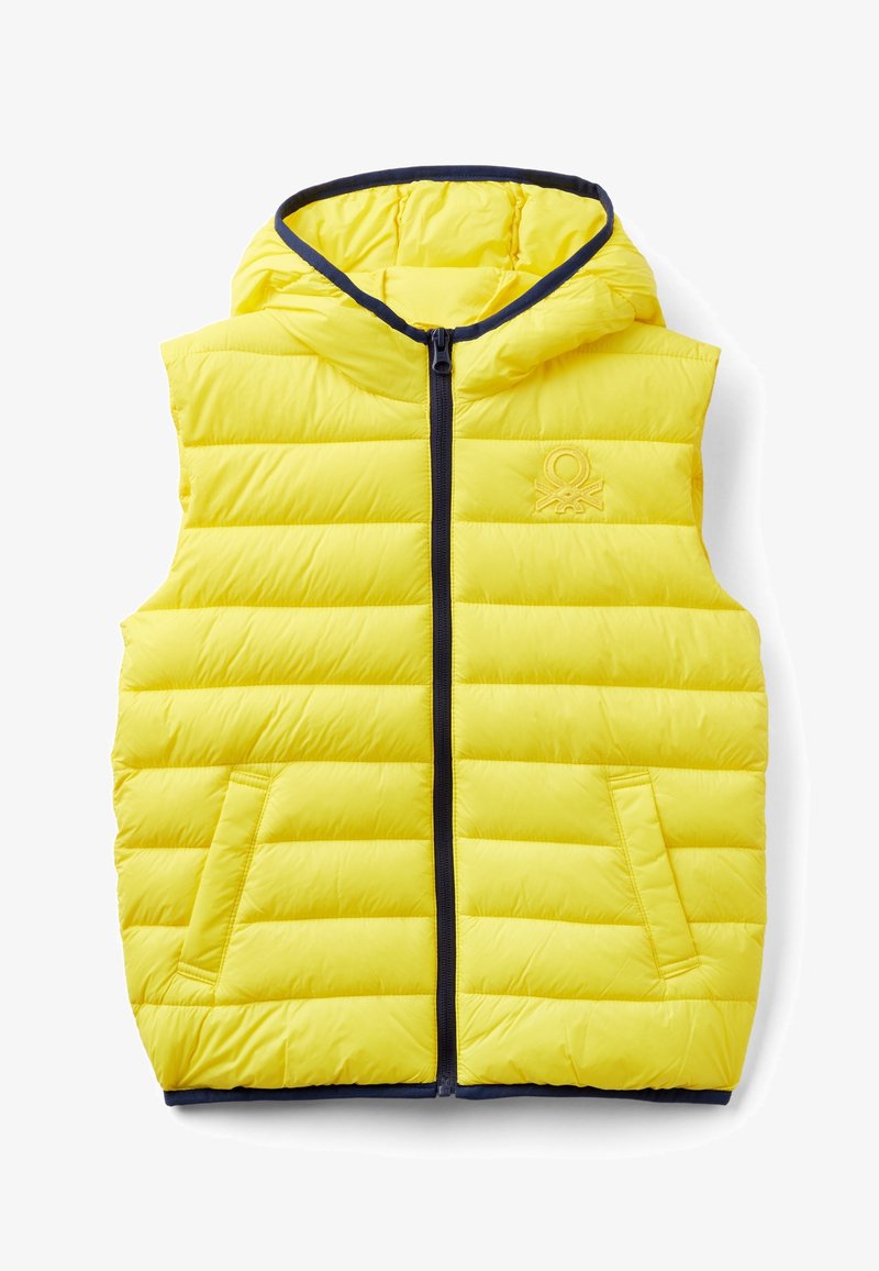 Yellow puffer vest with a hood, featuring a zip closure and navy trim, embossed logo on the chest, and side pockets.