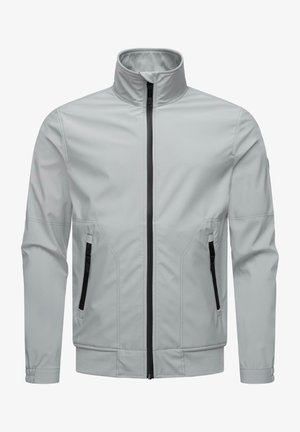 Light gray jacket with a high collar, front zip closure, and two black zippered pockets. Features a smooth texture and a fitted design.