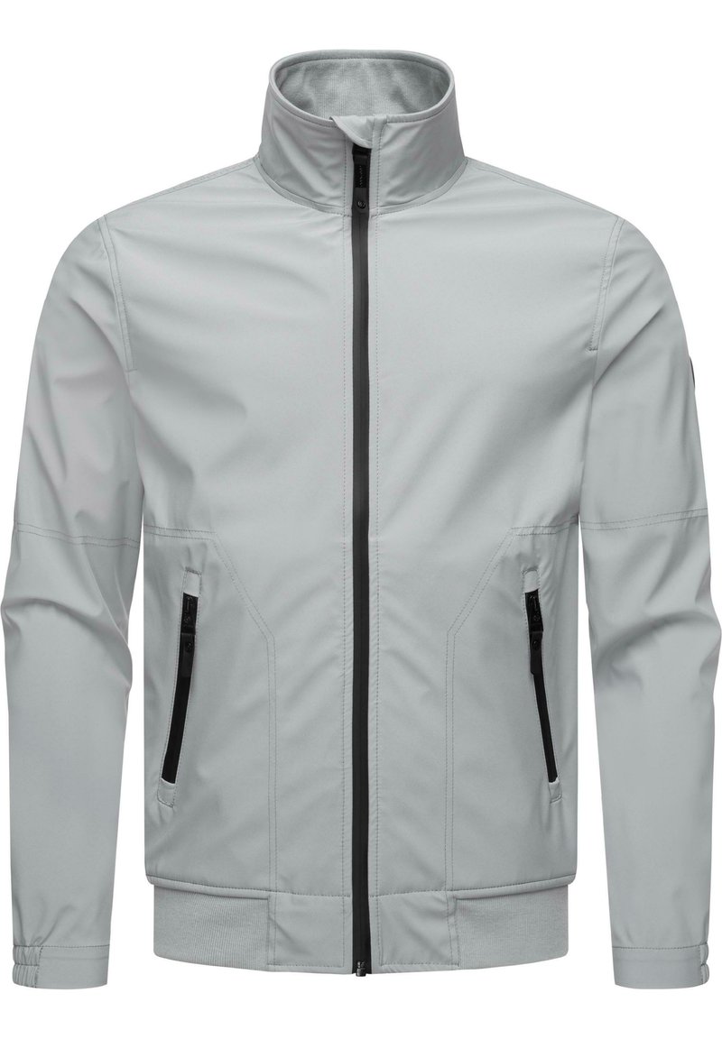 Light gray jacket with a high collar, front zip closure, and two black zippered pockets. Features a smooth texture and a fitted design.
