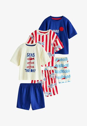 Trijų porų vaikų vasaros apranga su trumpomis rankovėmis marškinėliais ir šortais mėlyno, raudono ir balto jūrinio žuvies ir bangų rašto.
