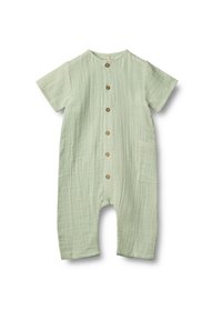 Ljusgrön bomullsplaysuit med texturerad yta, korta ärmar, rund hals, framknappar och en sidoficka.