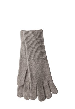 Strikkede handsker i lys grå uldblanding med ribbede manchetter, der har fem fingerafsnit og en blød tekstur.