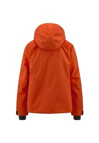 Giacca impermeabile arancione con cappuccio, caratterizzata da una superficie liscia, polsini elasticizzati e un design elegante e aerodinamico.