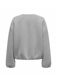 Grey cropped sweatshirt with a round neckline, dropped shoulders, elastic cuffed sleeves, and a soft textured fabric. No visible patterns or logos.