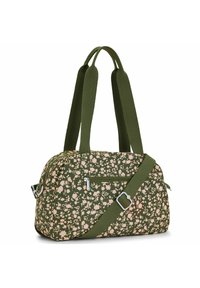 Zielona torba podróżna w kwiatowy wzór z dwoma uchwytami do noszenia, regulowanym paskiem na ramię oraz przednią kieszenią na zamek.