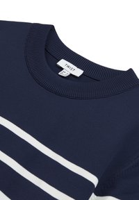 Marineblauwe trui met witte horizontale strepen. Heeft een ribbelgebreide ronde hals en een zachte, textuurrijke stof. Het label zegt "TWIST."