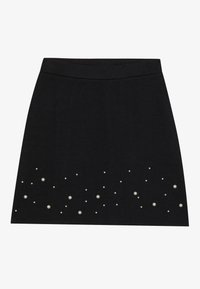Mini-jupe noire avec une coupe ajustée, texture lisse et ornement en perles disséminées le long de l'ourlet.