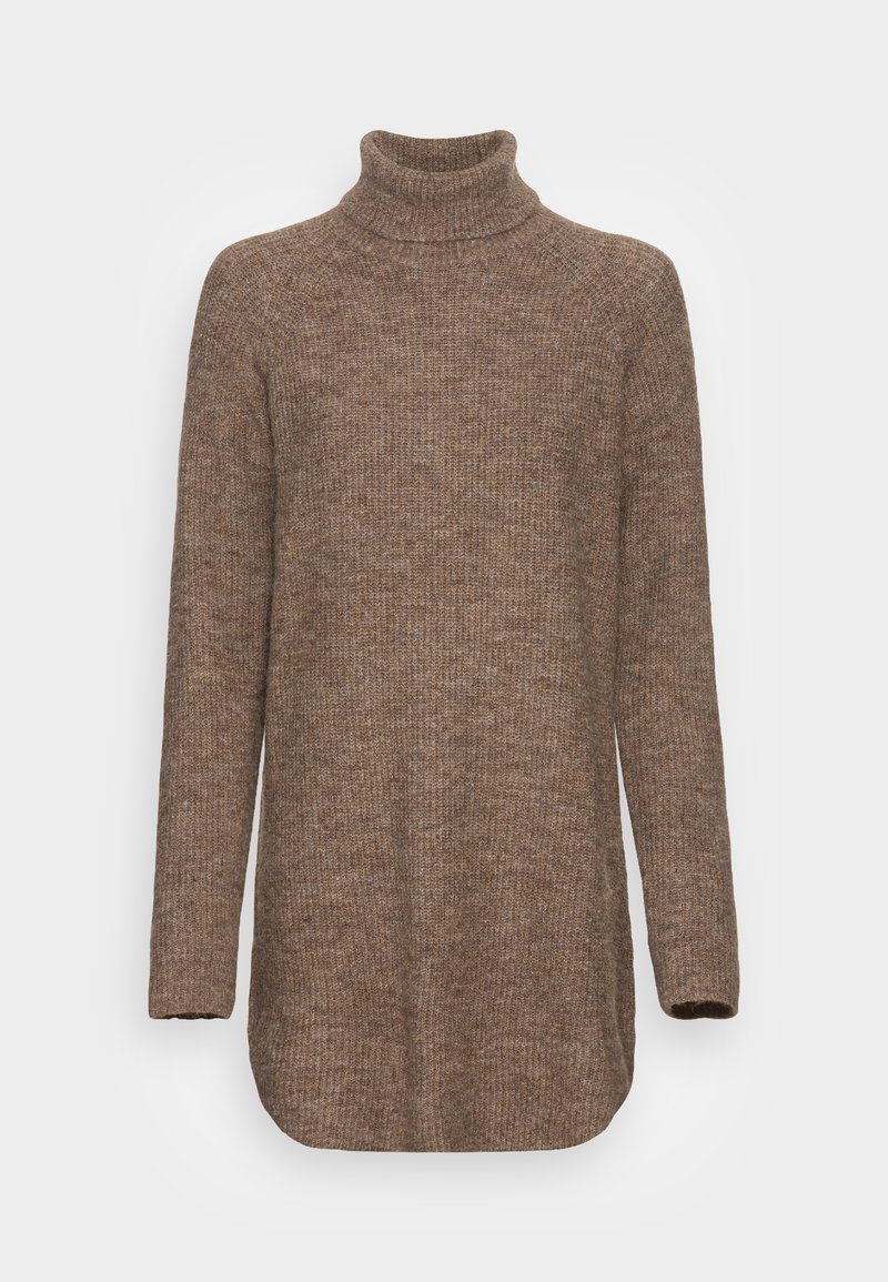 Brown turtleneck sweater with a ribbed texture, long sleeves, and a slightly curved hem. Made from a thick, warm knit material.