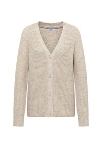 Vaaleanbeige neulecardigan, jossa on V-pääntie, nappikiinnitys edessä sekä ribbikujettajat ja helma. Kevyt kangas, jossa on teksturoitu kuvio.