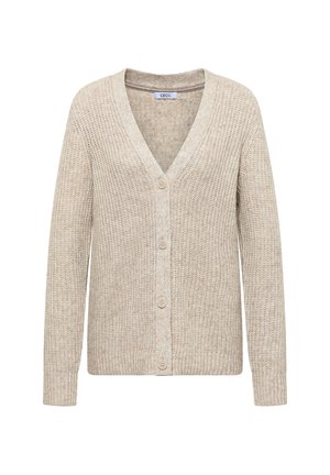 Beige gestrickte Strickjacke mit V-Ausschnitt, frontaler Knopfleiste und gerippten Bündchen sowie Saum. Leichter Stoff mit einem strukturierten Muster.