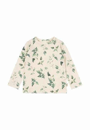 Langärmliges Shirt aus weicher Baumwolle, mit einem cremigen Hintergrund und grünen Blätternmuster sowie einem runden Halsausschnitt.
