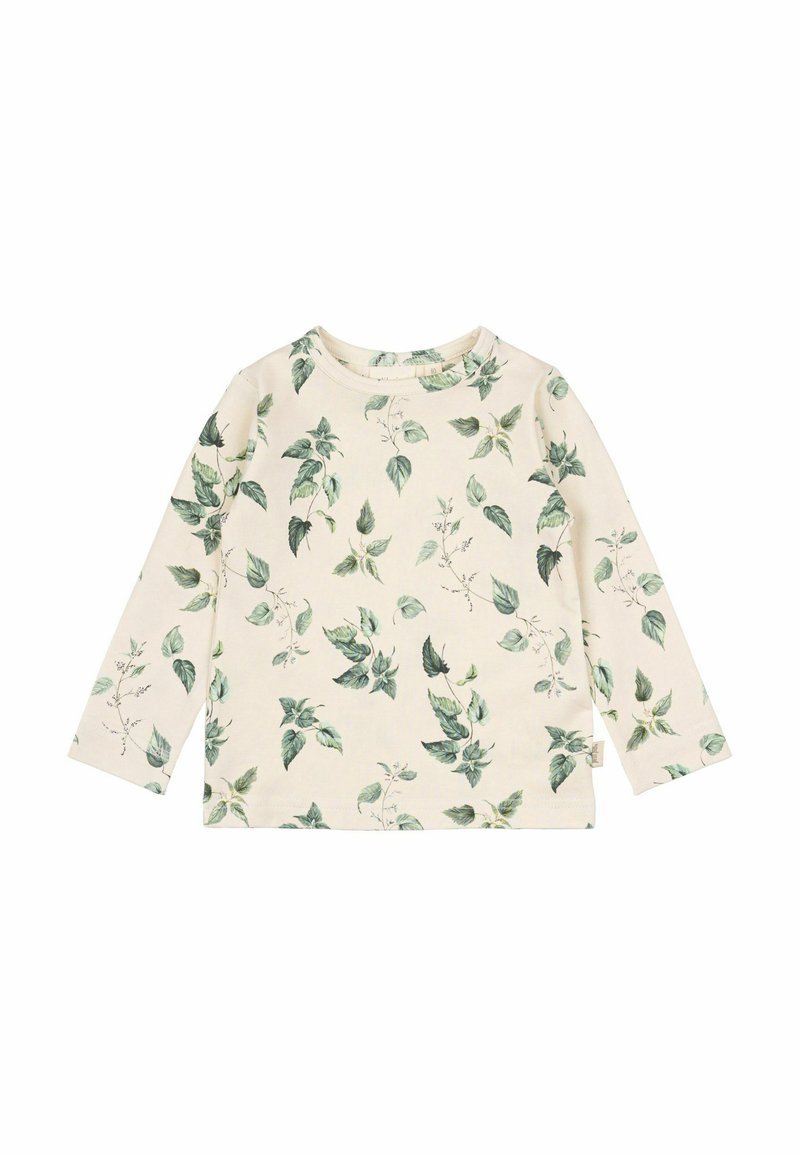 Langärmliges Shirt aus weicher Baumwolle, mit einem cremigen Hintergrund und grünen Blätternmuster sowie einem runden Halsausschnitt.